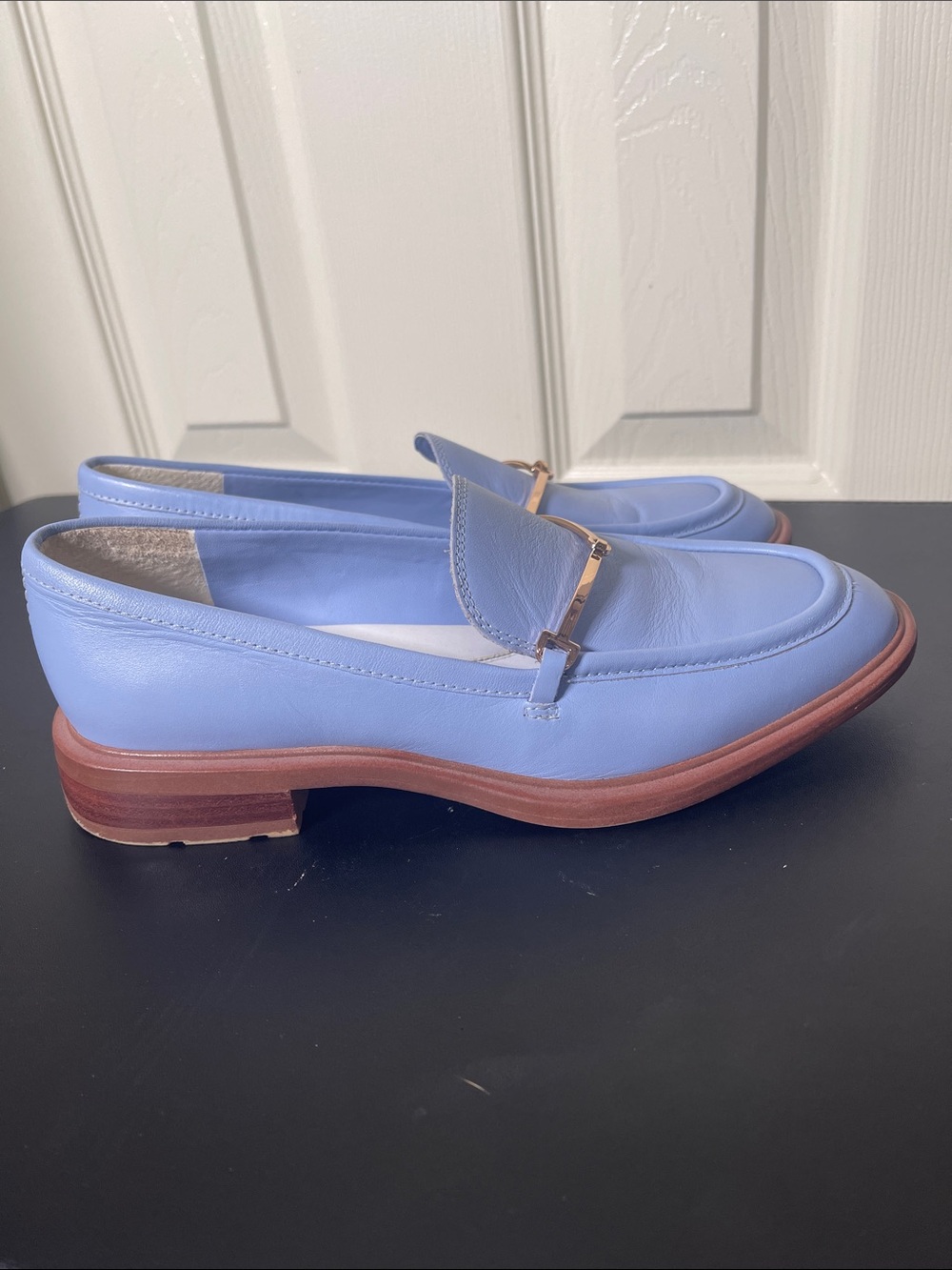 SARTO By Franco Sarto Powder Blue Leather Loafers with Gold Bit